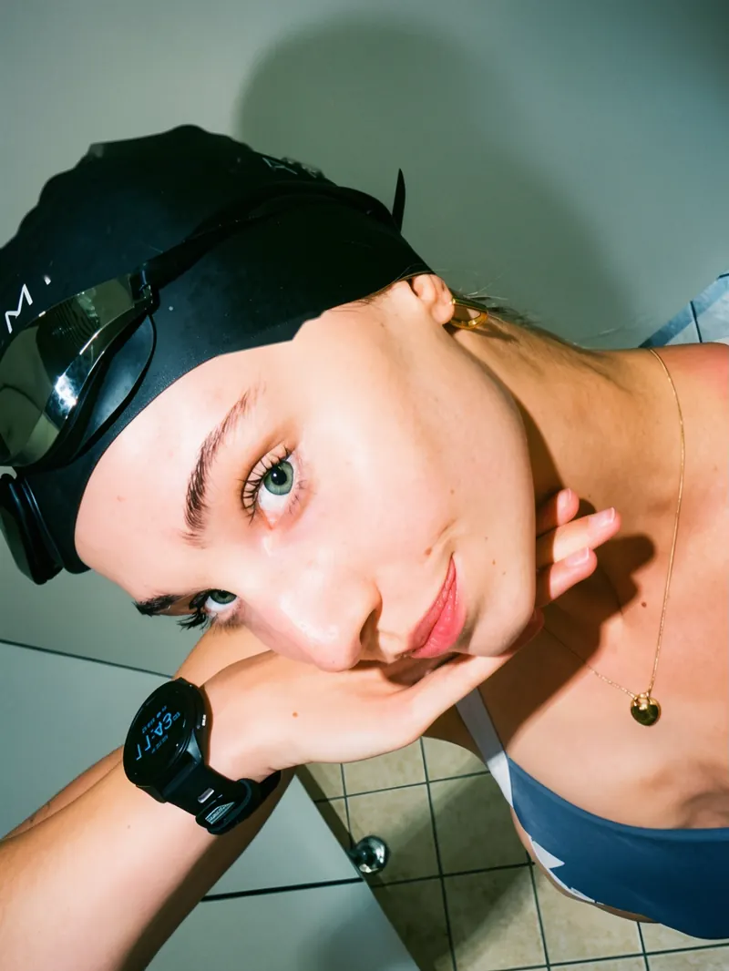 Lisa mit Badekappe